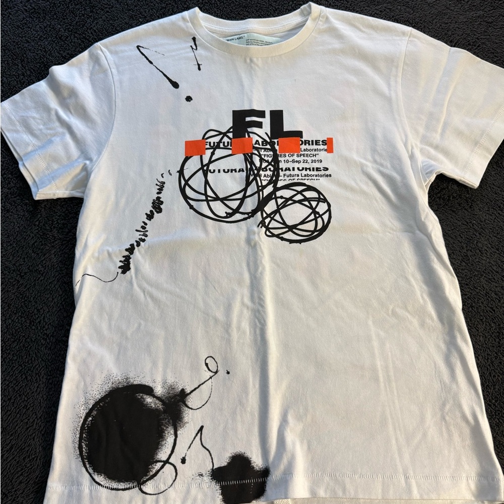 Off-White White Graphic Tee with Black and Orange Accents